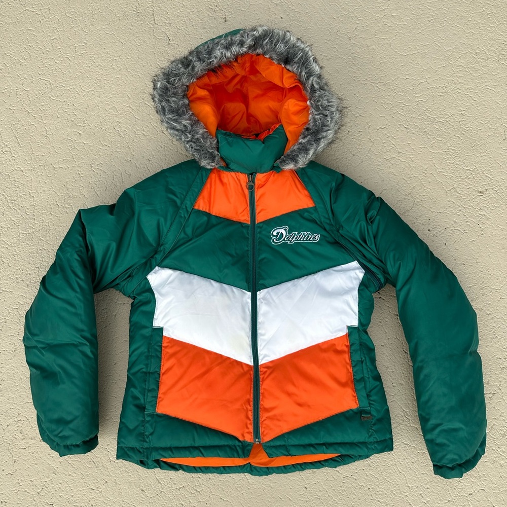Miami Dolphins puff jacket women’s medium fur hood